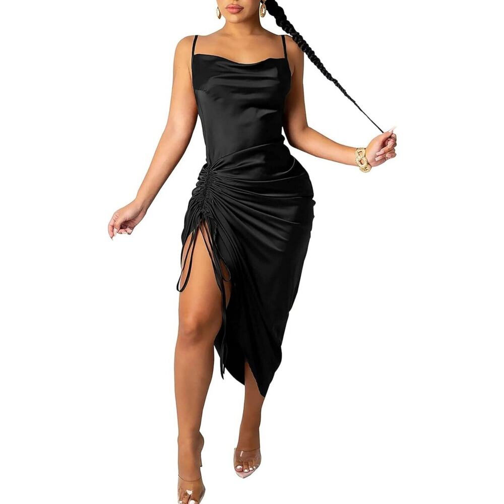 Yeshire Womens Sexy Ruched Midi Dress Adjustable Drawstring Side Bodycon Large